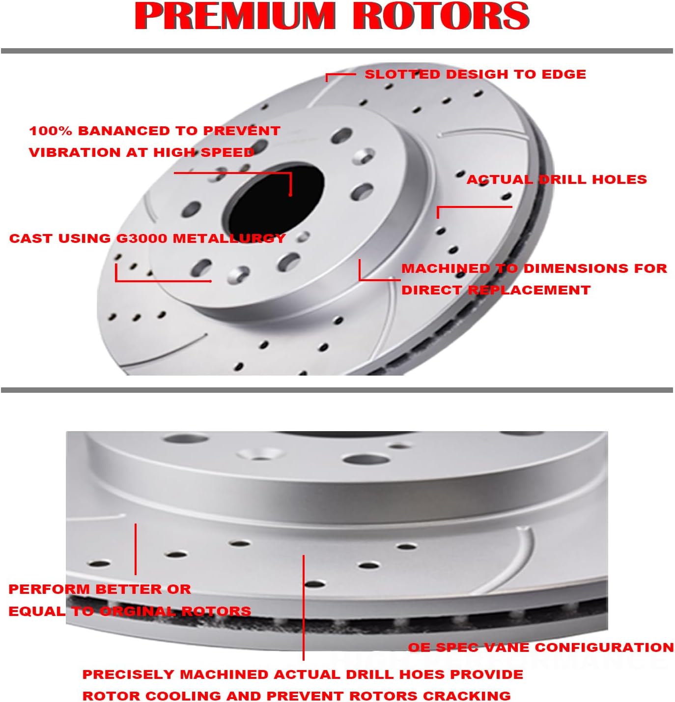 Front (12.64', 321mm) and Rear Drilled and Slotted Rotors Ceramic Brake Pads Replacement for 2010-2017 GMC Terrain 2010-2017 CHEVY Equinox
