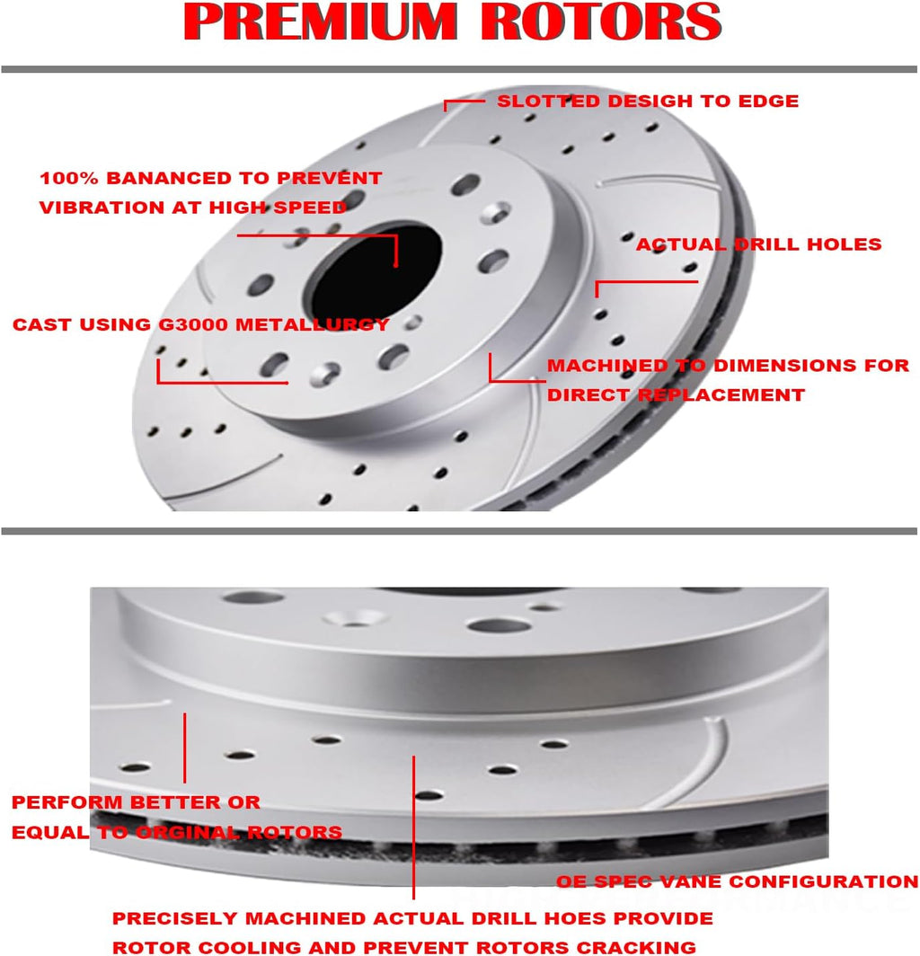 Front and Rear Drilled and Slotted Brake Rotors Ceramic Brake Pads Replacement for Dodge Ram 1500 Durango Chrysler Aspen 5 Lug Models