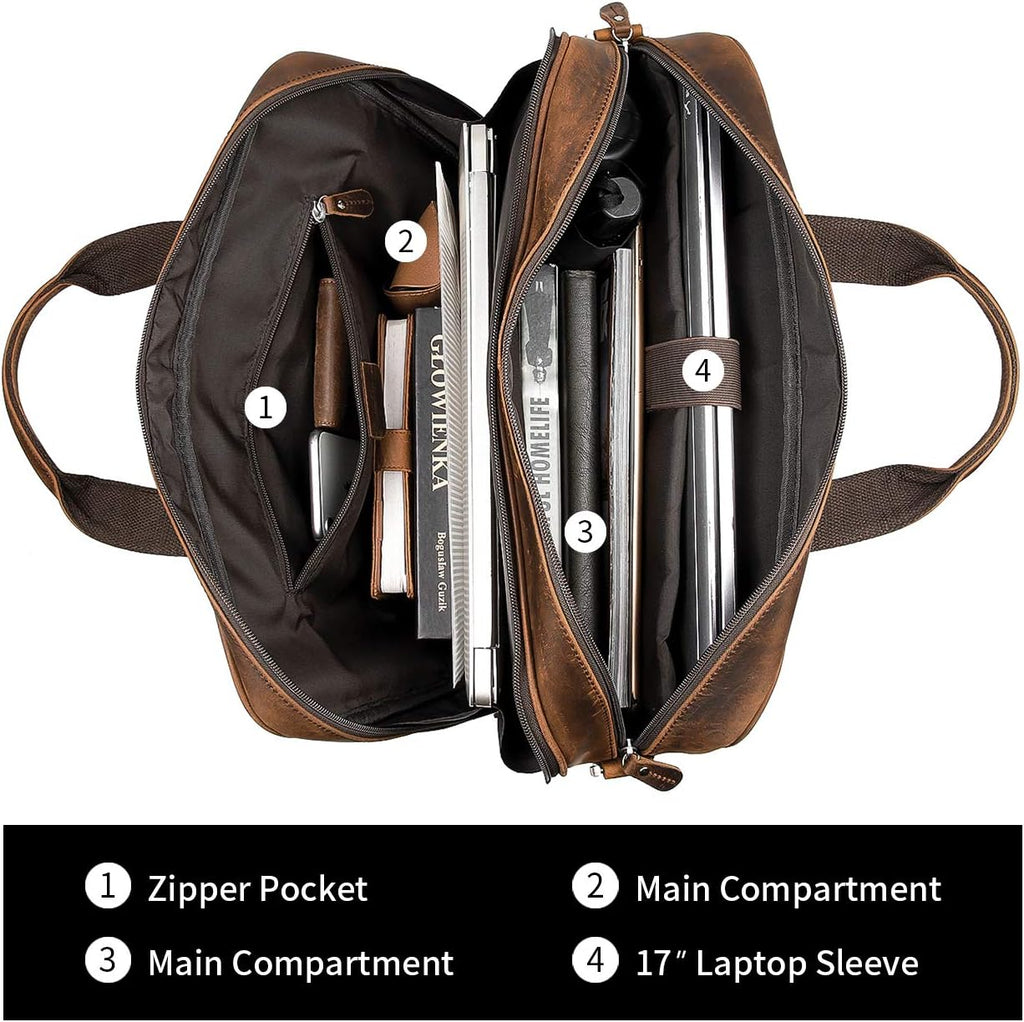 Augus Business Travel Briefcase Genuine Leather Duffel Bags for Men Laptop Bag fits 15.6 inches Laptop YKK Metal Zipper (Dark brown)