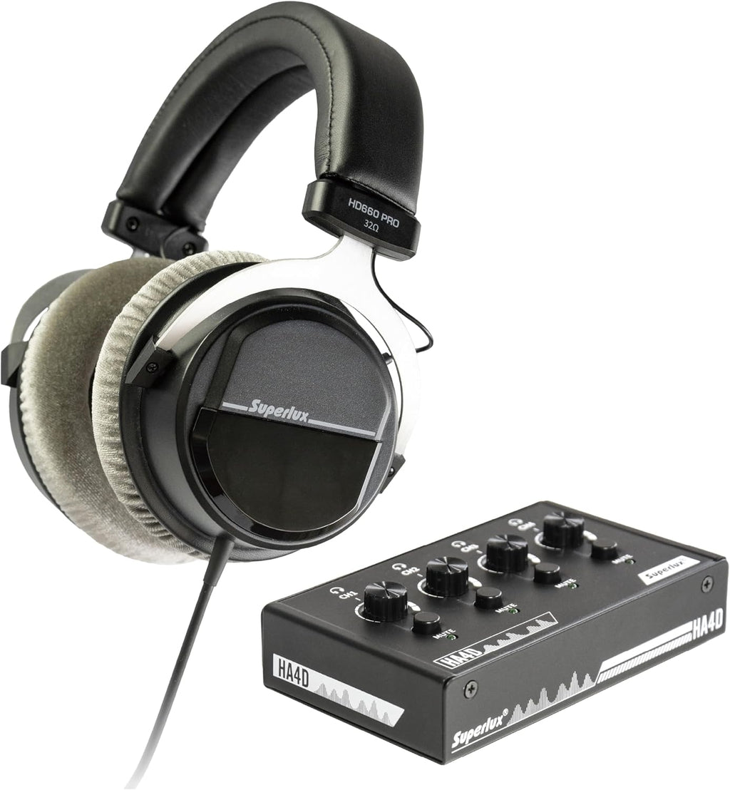 Superlux HD 660PRO, 32 ohms, Studio Recording Headphones Wired, Professional Closed-Back Headphone with HA4D 4-Channel Premium Headphone Amplifier
