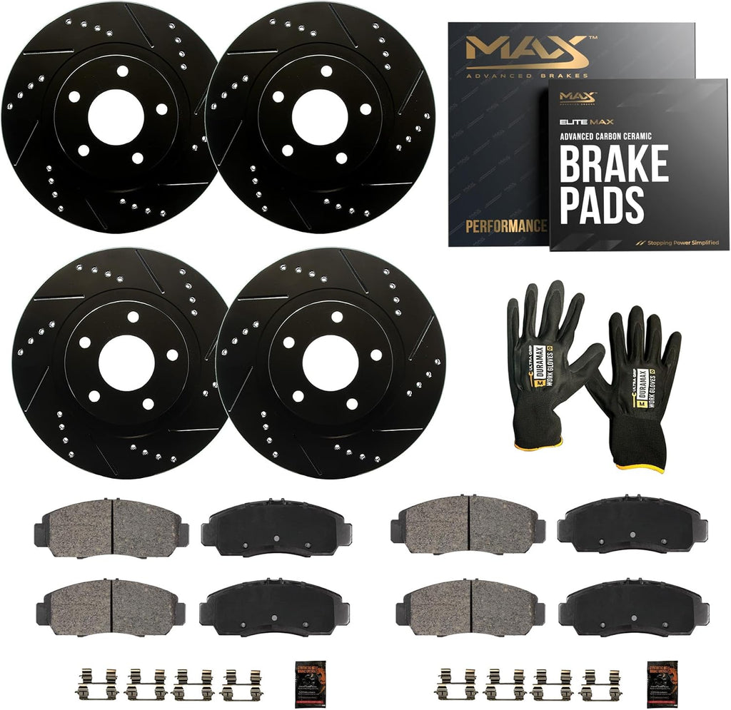 Max Advanced Brakes Front & Rear Brake Kit Compatible With 2011-2014 Nissan Murano Compatible With Infiniti QX70 Q70 Replacement Drilled Slotted Black Coated Disc Brake Rotors and Ceramic Brake Pads