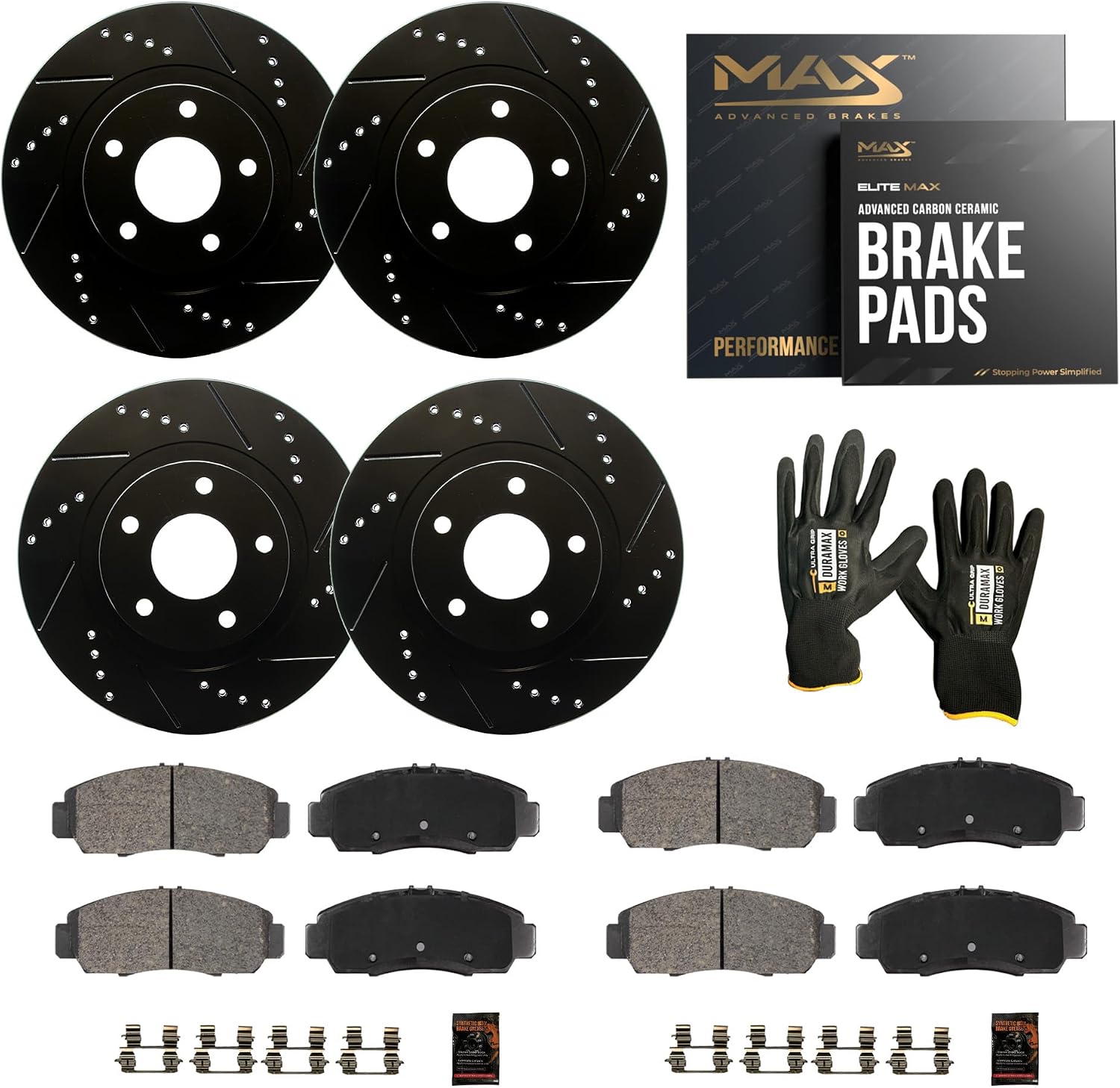 Max Advanced Brakes Front & Rear Brake Kit Compatible With 2011-2014 Nissan Murano Compatible With Infiniti QX70 Q70 Replacement Drilled Slotted Black Coated Disc Brake Rotors and Ceramic Brake Pads