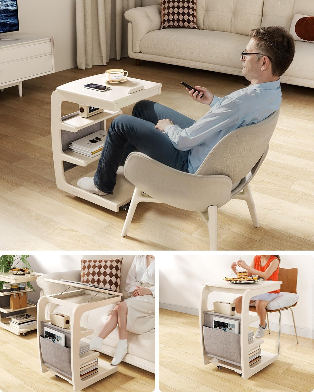 AQIMUELE Wooden C-Shaped End Table,Couch Desk with 2 Lockable Wheels,4-Tier Couch Table with Storage Bag,Small Rolling Side Table Tv Trays for Couch, Living Room,Bedroom (White)