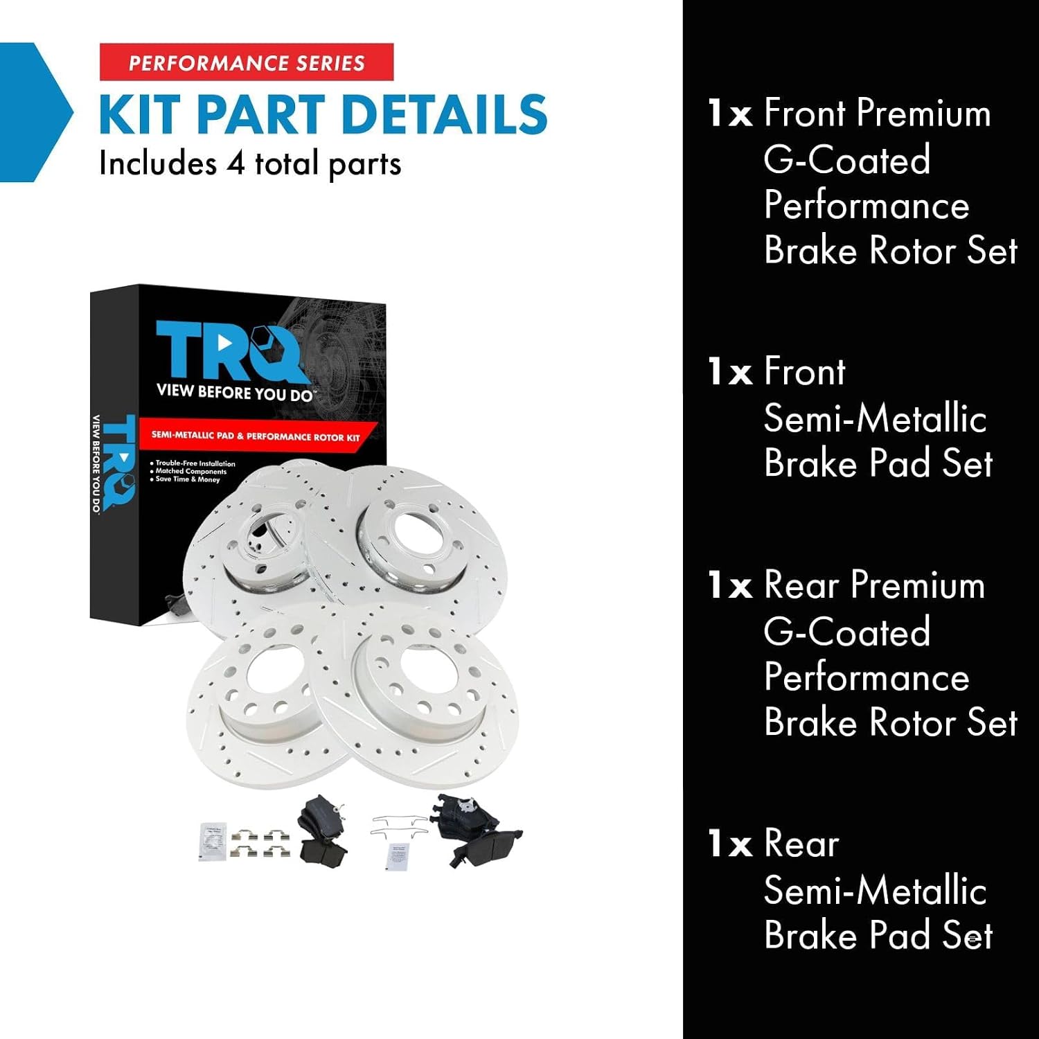 TRQ Performance Front and Rear Brake Pad and Rotor Set Semi Metallic Coated Drilled Slotted Vented Solid Compatible with 2002-2004 Audi A4 A4 Quattro
