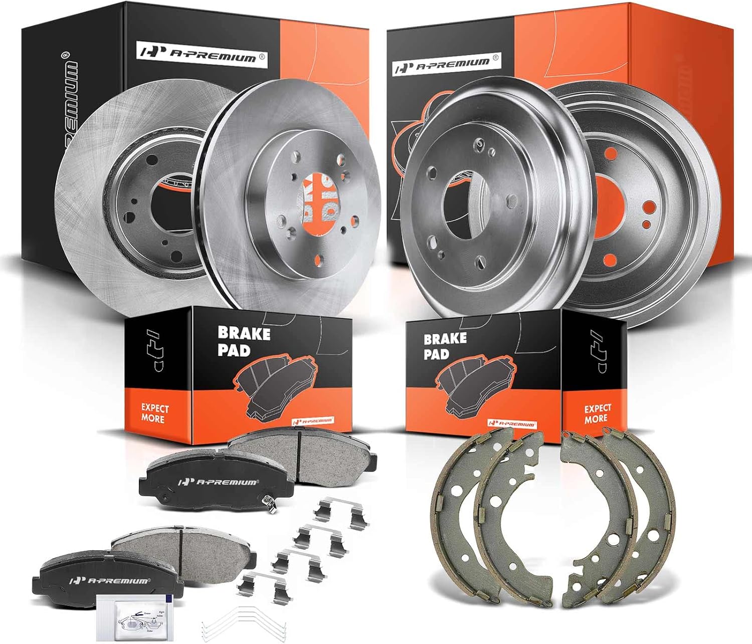 A-Premium Front Vented Disc Brake Rotors + Rear Drums + Shoes + Ceramic Pads Kit Compatible with Select Honda Models - Civic 2012 2013 2014 2015, L4 1.8L, 12-PC Set