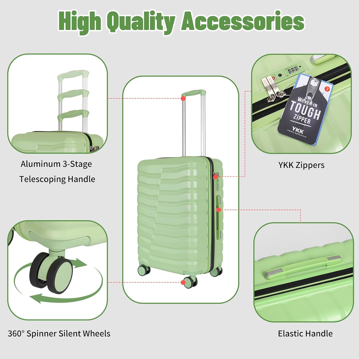 WireHot 5-Piece Lightweight Luggage with Backpack Sets, ABS+PC Hard Shell Suitcase with TSA Lock & YKK Zipper (Avocado Green, 20in/24in/28in/BP/TB)