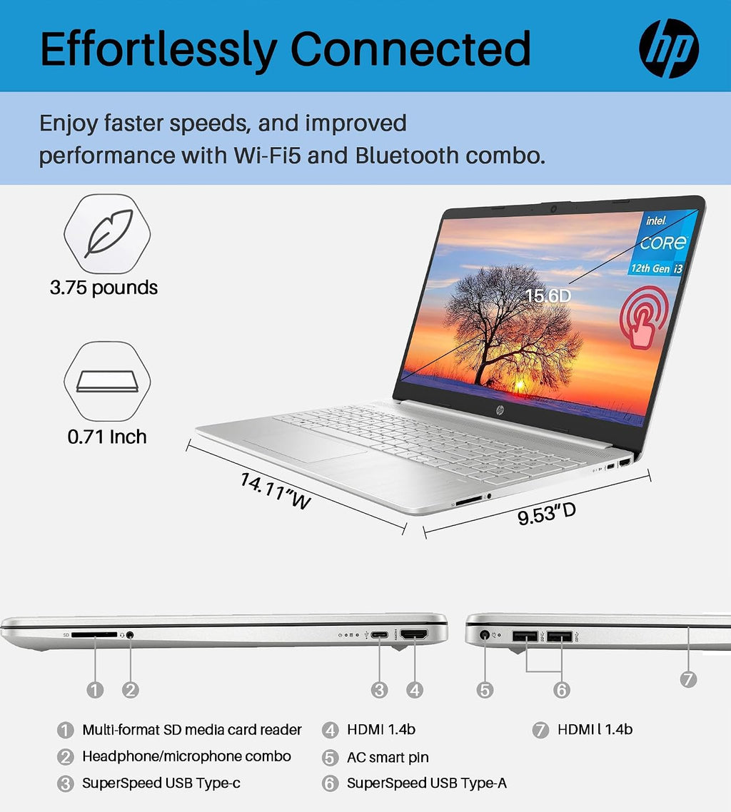 HP 2024 15.6' Touchscreen Laptop - with Microsoft Office Lifetime License, Intel i3-1215U, 32GB RAM, 1TB SSD, Long Battery Life, Micro-Edge, Bluetooth, Wi-Fi, Thin & Light, Windows 11 Pro