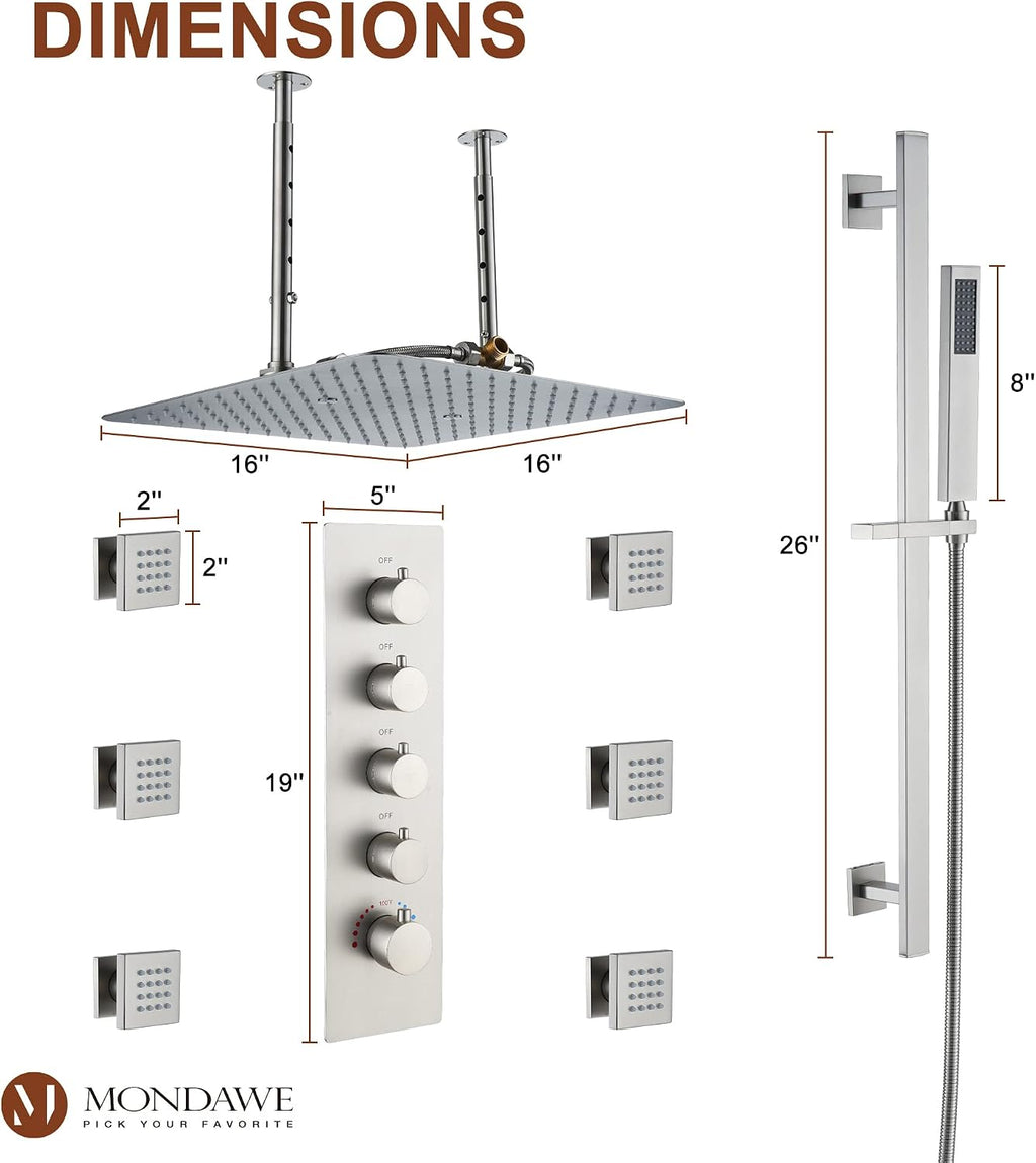 MONDAWE 16 Inch Thermostatic Shower System in Brushed Nickel, Ceiling Mounted Rain and Mist Shower Head with Handheld Spray and 6 Body Jets, High Pressure Bathroom Shower Faucet Set, Solid Brass Valve
