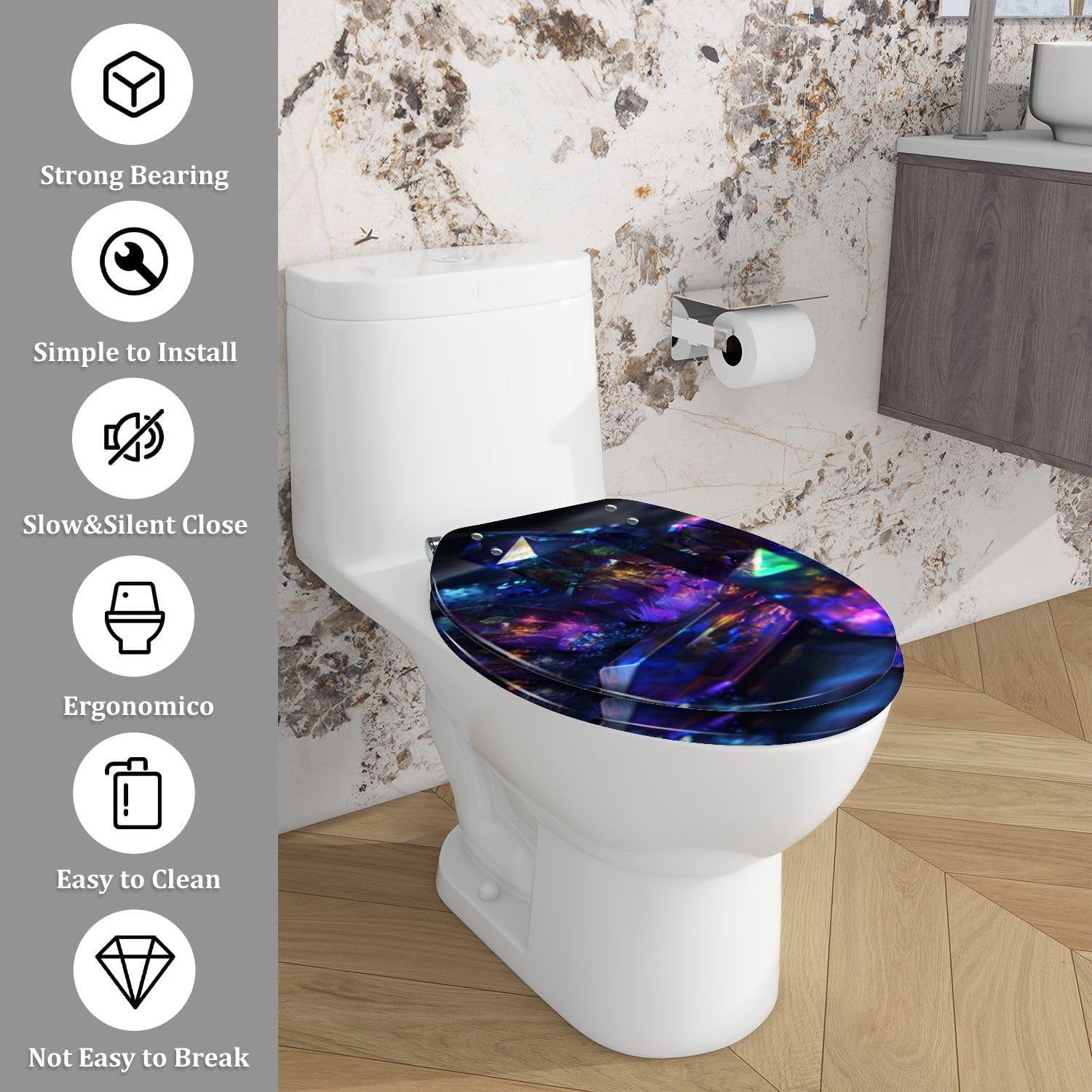 Elongated Toilet Seat Dark Background AYSt Quartz Facets Internal Glow Resin Toilet Seat Quietly Close Quick Release Hinges Decorative Toilet Seat with Cover Easy to Install