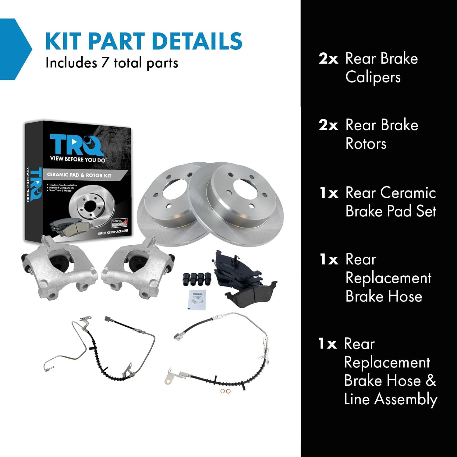 TRQ Rear Brake Pad and Rotor Set Ceramic Rotors Calipers Hoses Compatible with 2001-2004 Chrysler Town and Country 2005-2007 Dodge Caravan 2001-2002 Grand Caravan