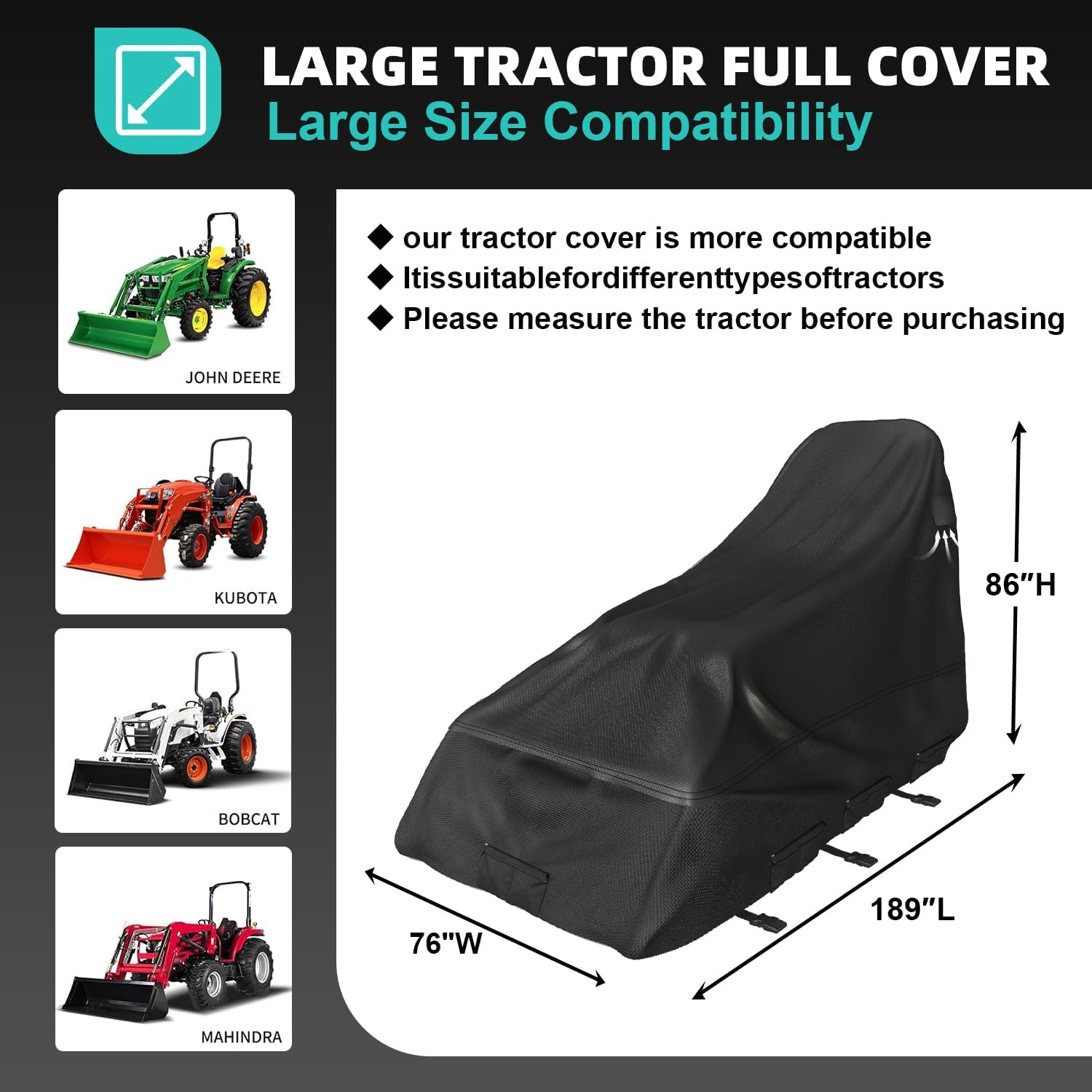 Tractor Cover 35 Lb Weighted, 600D Oxford Waterproof & Windproof, 189 In x 76 In x 86 In, Built-In Sand Bags & Buckle Straps, All-Weather Protection