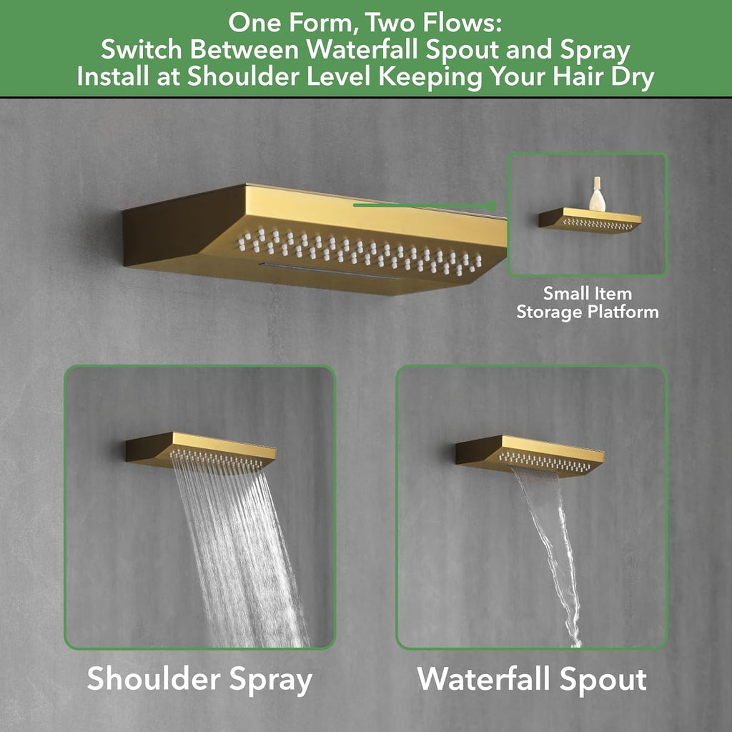 VANFOXLE Shower Faucet Set Brushed Gold Shower System, Four Modes Shower Faucet with 2 in 1 Handheld, Ceiling Mount 12 Inch Shower Head with 14 * 7 Inch Shoulder-Mounted Shower Massager