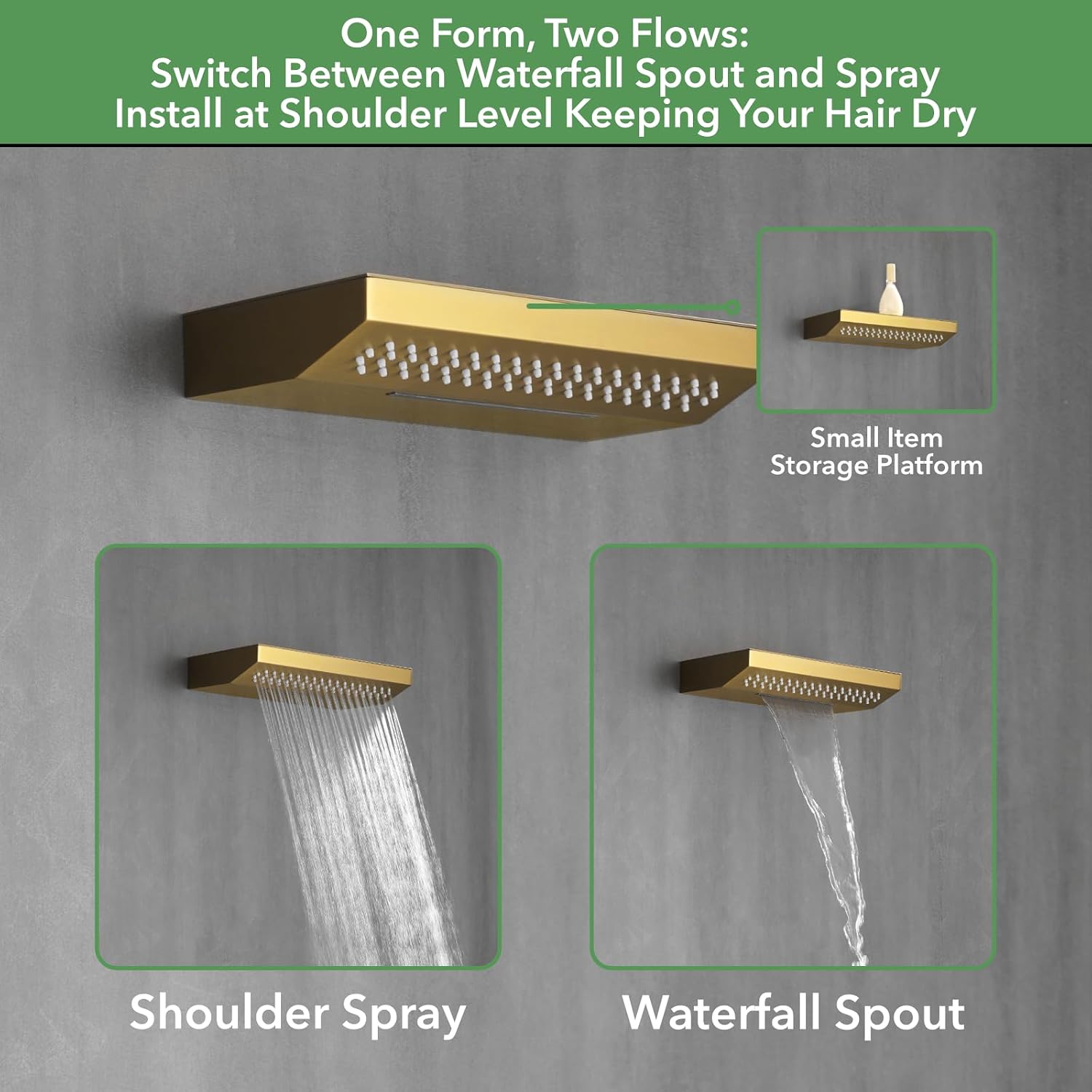 VANFOXLE Shower Faucet Set Brushed Gold Shower System, Four Modes Shower Faucet with 2 in 1 Handheld, Ceiling Mount 12 Inch Shower Head with 14 * 7 Inch Shoulder-Mounted Shower Massager