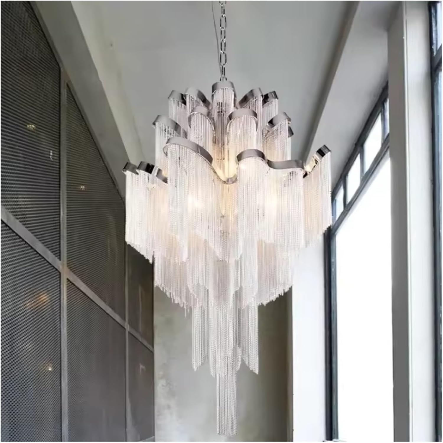 Modern Luxury Silver Gold Aluminium Chain LED Pendant Lamp Stair Pendant Hanging Light for Home Hotel Tassel Chandelier,Dining Light Fixtures