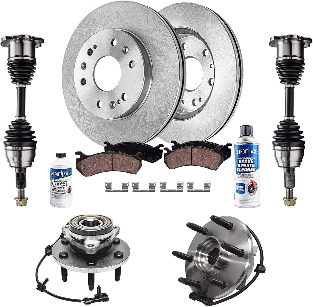 Detroit Axle - Front CV Axle Shafts Wheel Hub Bearings Disc Rotors Ceramic Brake Pads w/Hardware & Brake Kit Cleaner for 2005 2006 Chevy Silverado GMC Sierra 1500 4x4 Models w/rear drum - 10pc Set