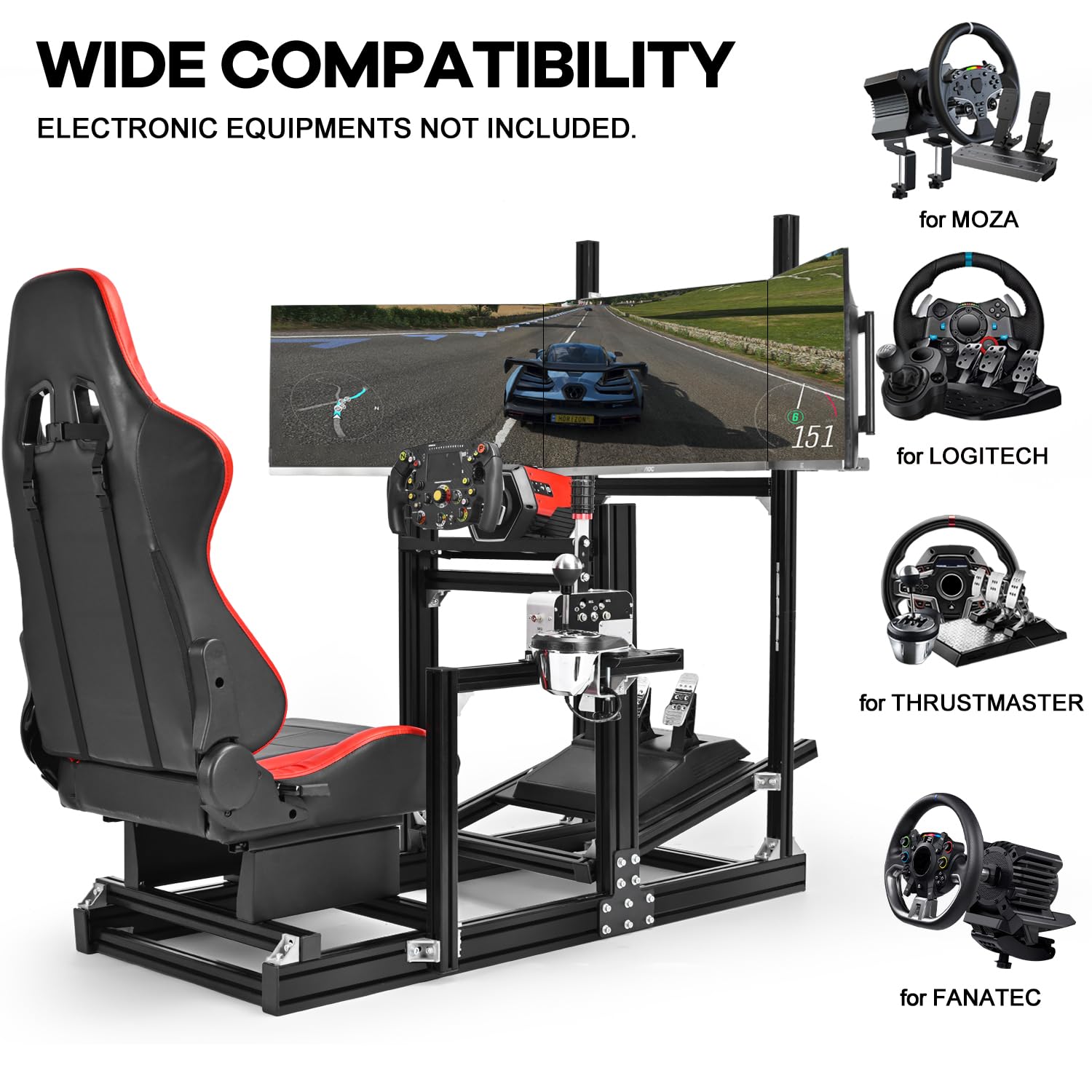 Anman 8040 Aluminum Profile Racing Simulator Cockpit with Triple Monitor Mount and Red Seat,Fit for Logitech, for Thrustmaster,for Moza Direct Drive Steering Wheel Cockpit Excluding electronic devices
