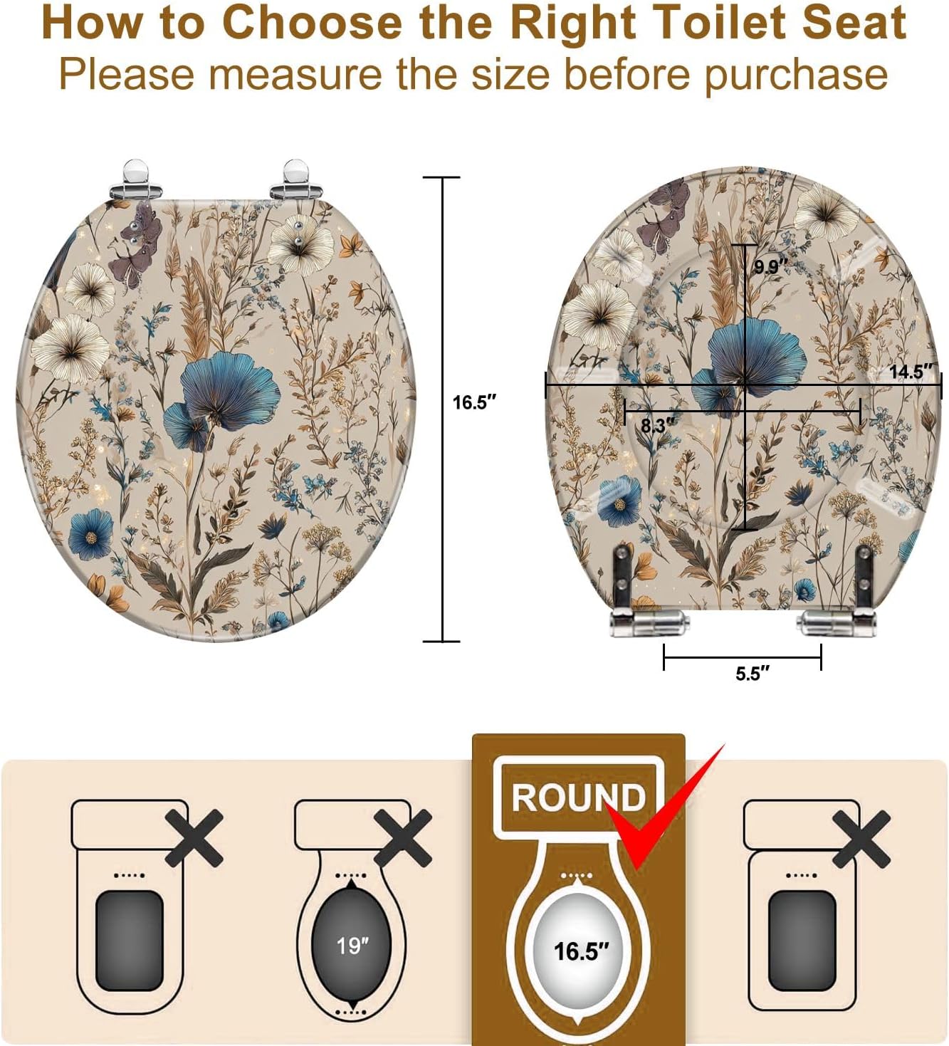 Round Toilet Seat Elegant Floral Blue White Golden Accents Butterflies Resin Toilet Seat Quietly Close Quick Release Hinges with Cover Bumpers Decorative Easy to Install Clean