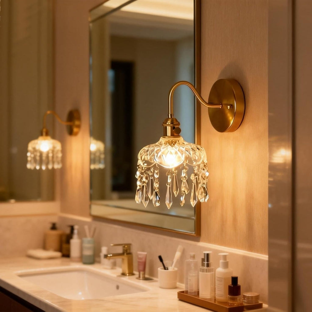 Crystal Wall Sconce Set, Gold Brass Fixture with Glass Shade and Hanging Crystals, Modern Elegant Wall Light, 2 Pack