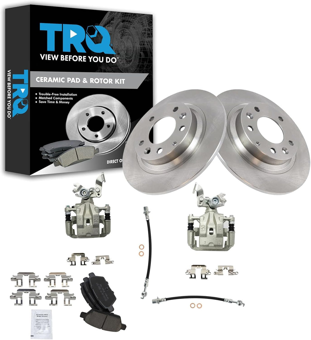 TRQ Rear Brake Pad and Rotor Set Ceramic Rotors Calipers Hoses Compatible with 2009-2012 Ford Fusion Lincoln MKZ 2009-2011 Mercury Milan