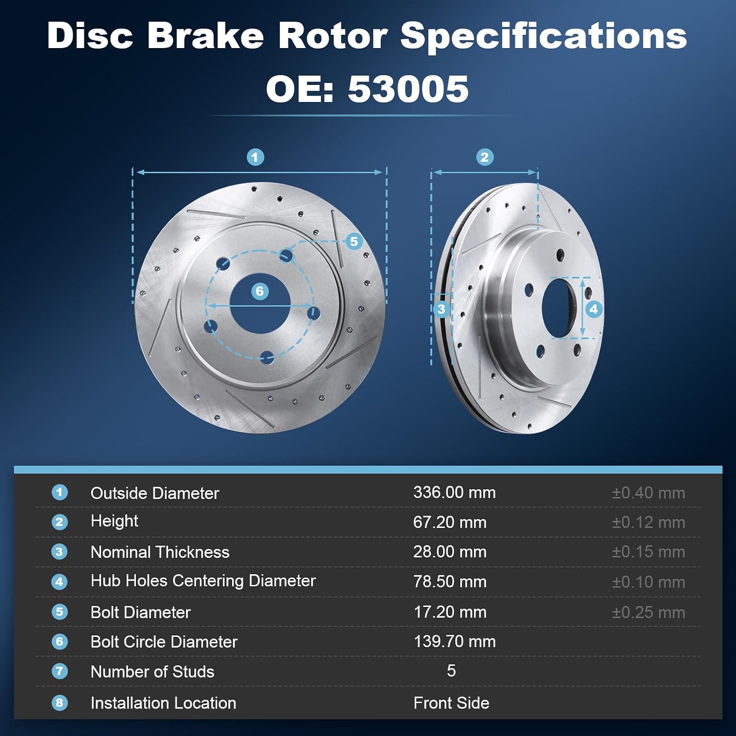 Front Drilled and Slotted Disc Brake Rotors & Ceramic Brake Pads Kit Fit for Chrysler 2007-2009 Aspen; for Dodge 2007-2009 Durango, 2006-2010 Ram 1500; for Ram 2011-2018 1500#53005 D1084