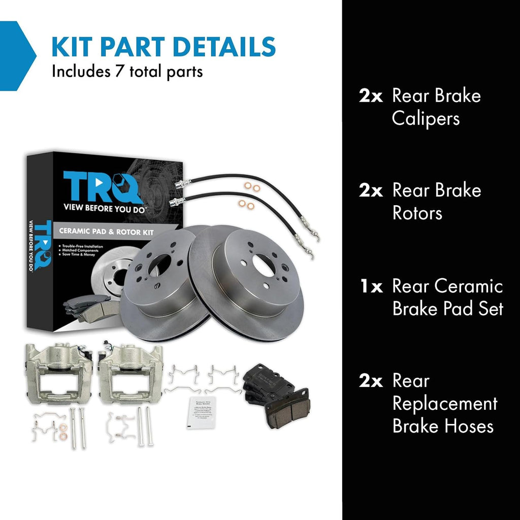 TRQ Rear Brake Pad and Rotor Set Ceramic Rotors Calipers Hoses Compatible with 2006-2013 Lexus IS350