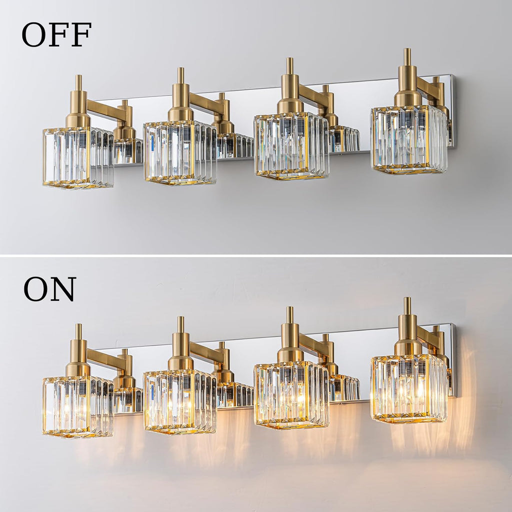 Crystal Bathroom Light Gold Chrome 4-Light Modern Bathroom Vanity Fixtures Over Mirror Square Crystal Wall Sconce