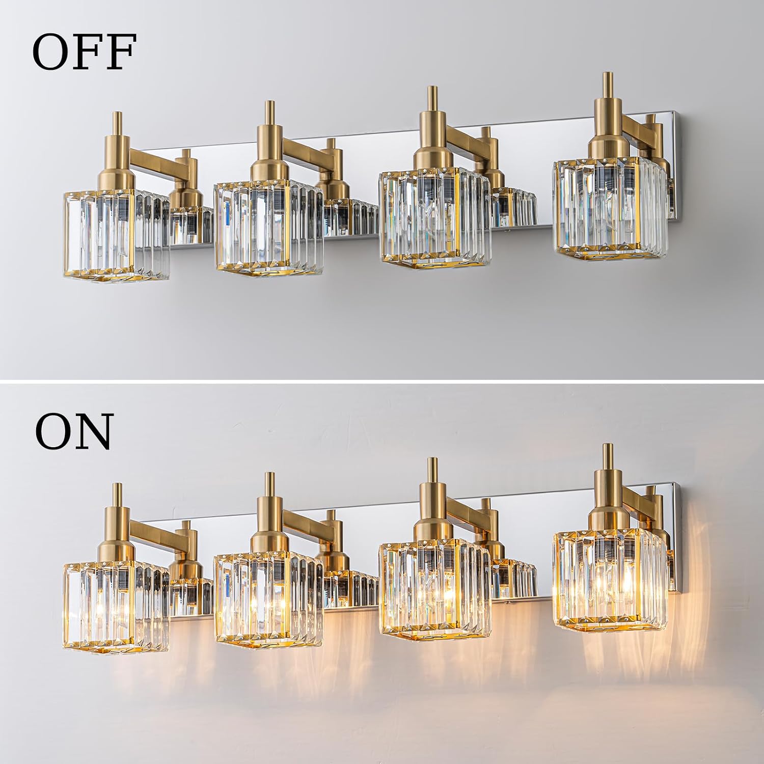 Crystal Bathroom Light Gold Chrome 4-Light Modern Bathroom Vanity Fixtures Over Mirror Square Crystal Wall Sconce