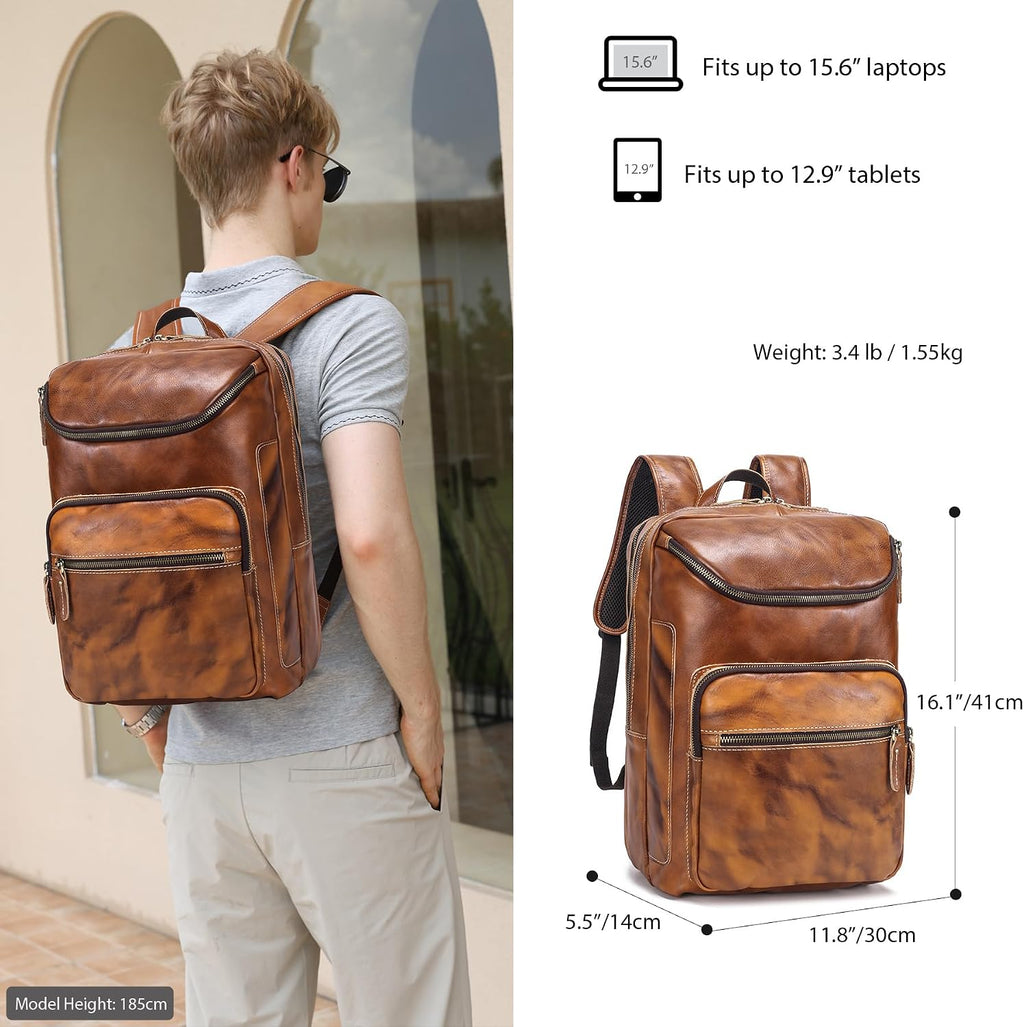 LANNSYNE Vegetable Tanned Leather Backpack For Men, 15.6' Leather Laptop Backpack Hiking Travel Bag Camping Rucksack