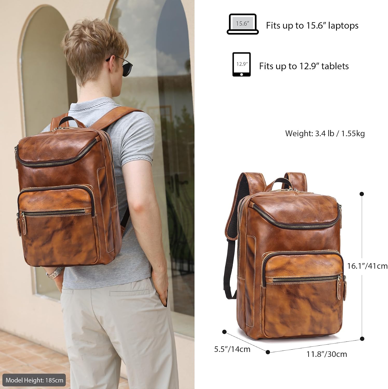 LANNSYNE Vegetable Tanned Leather Backpack For Men, 15.6' Leather Laptop Backpack Hiking Travel Bag Camping Rucksack