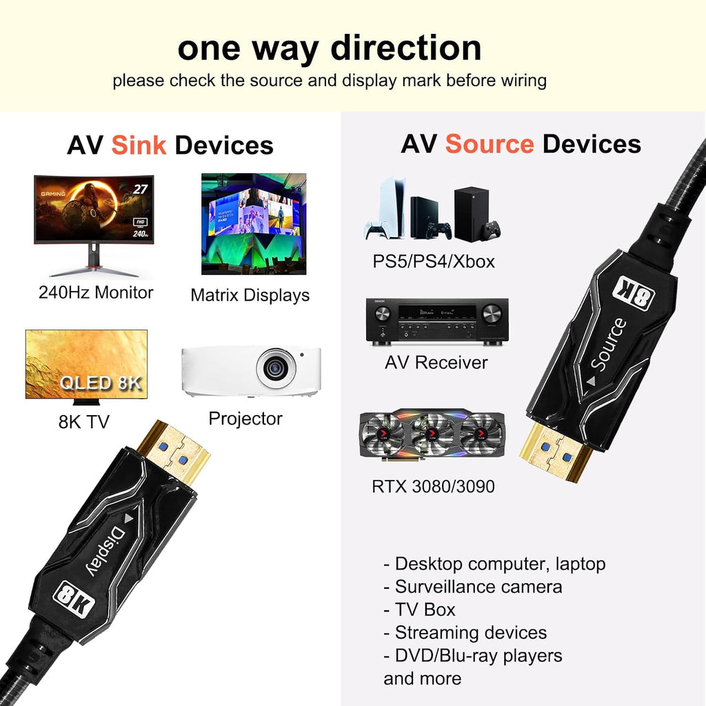 DTECH 100ft Fiber Optic HDMI Cable 2.1 4k 120Hz 8K 60Hz 48Gbps High Speed HDR eARC HDCP 2.2 2.3 3D Outdoor Armored Long HDMI Cord Waterproof IP68 for Laptop Monitor TV Xbox PS4/PS5, Unidirectional