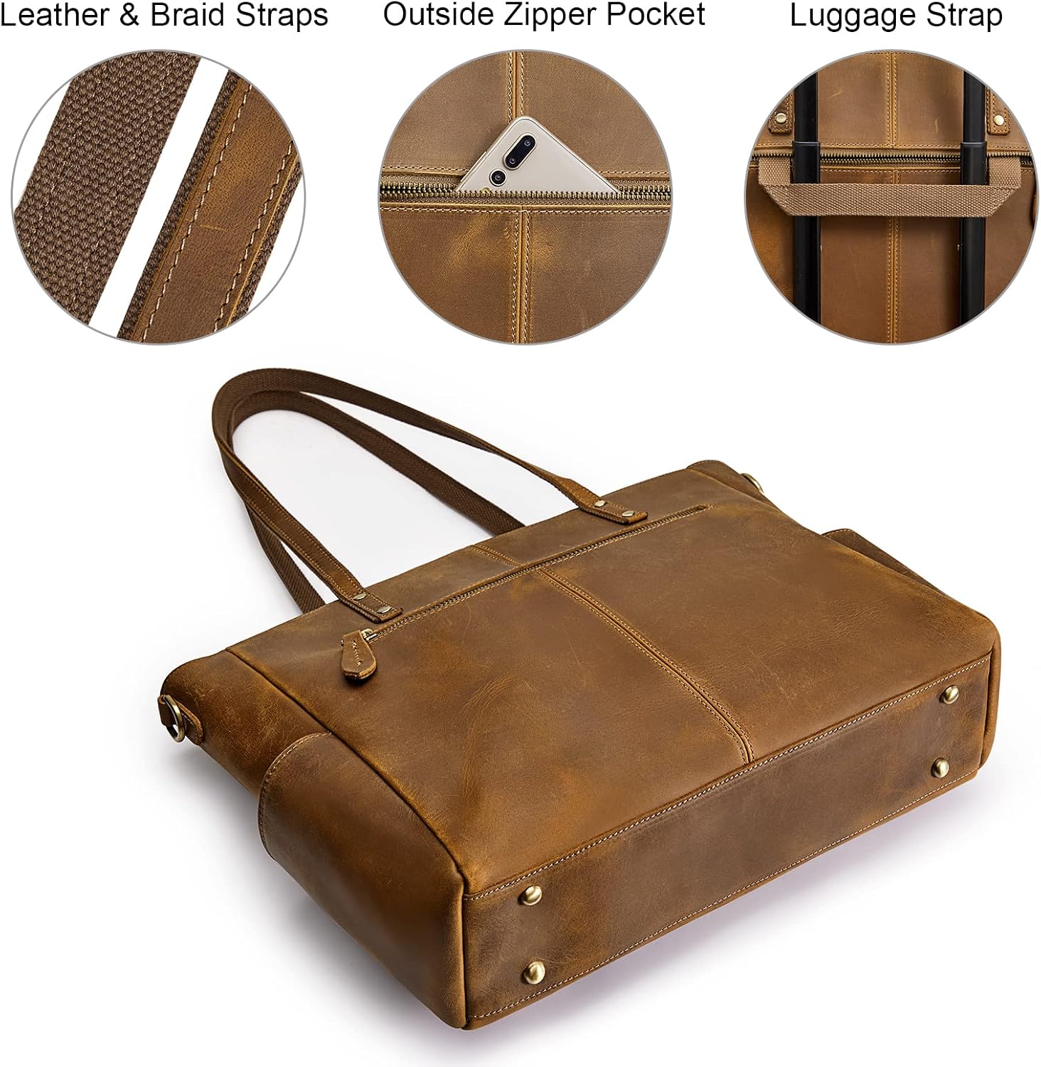 S-ZONE Genuine Leather Tote Bag for Women Large Shoulder Purses Work Handbags with Crossbody Strap Vintage