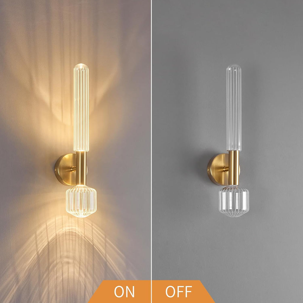 Gold Wall Sconces Set of Two, Modern Bathroom Light Fixture Dimmable LED Wall Sconces with Glass Shade, Bathroom Sconces Wall Lighting for Bedroom Living Room