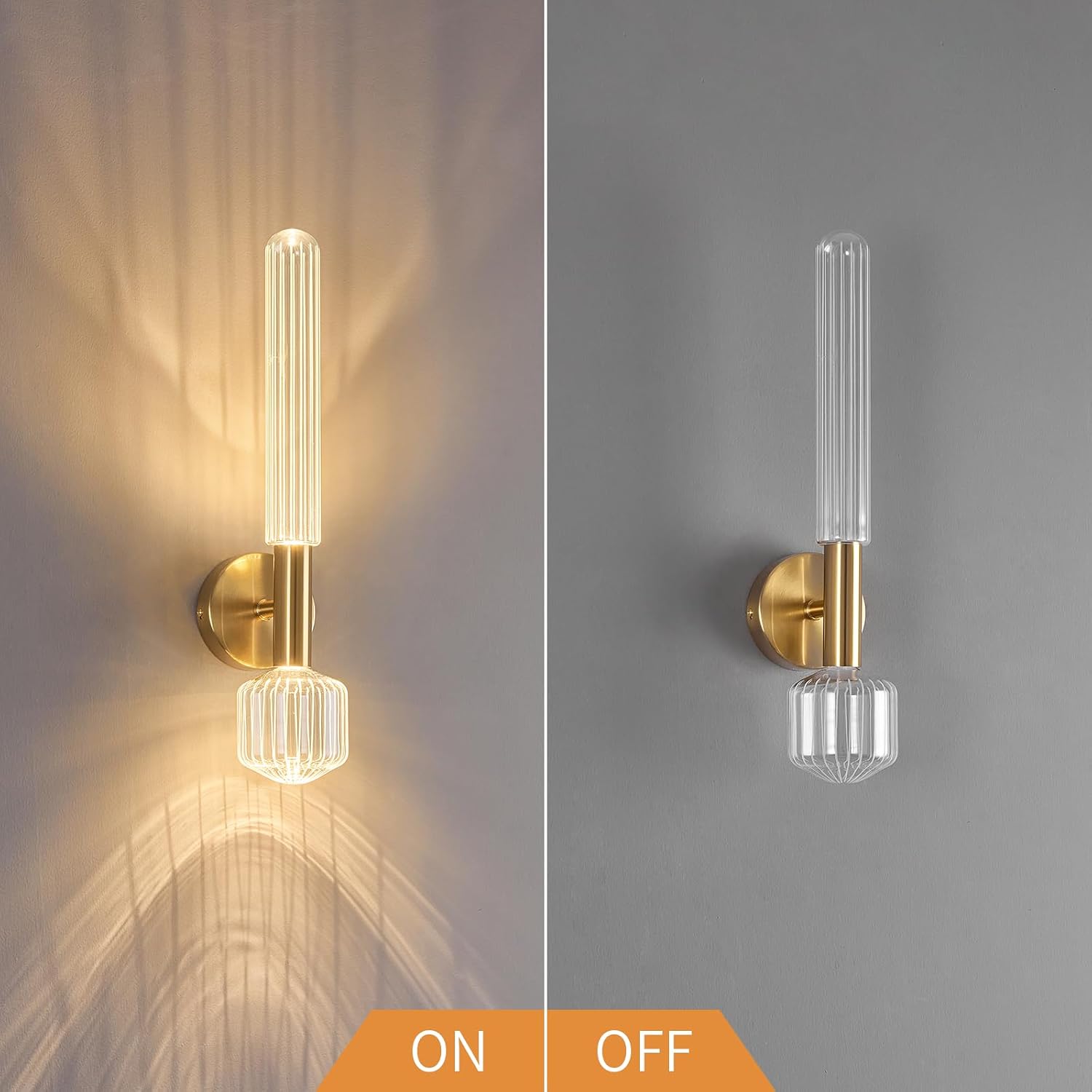 Gold Wall Sconces Set of Two, Modern Bathroom Light Fixture Dimmable LED Wall Sconces with Glass Shade, Bathroom Sconces Wall Lighting for Bedroom Living Room