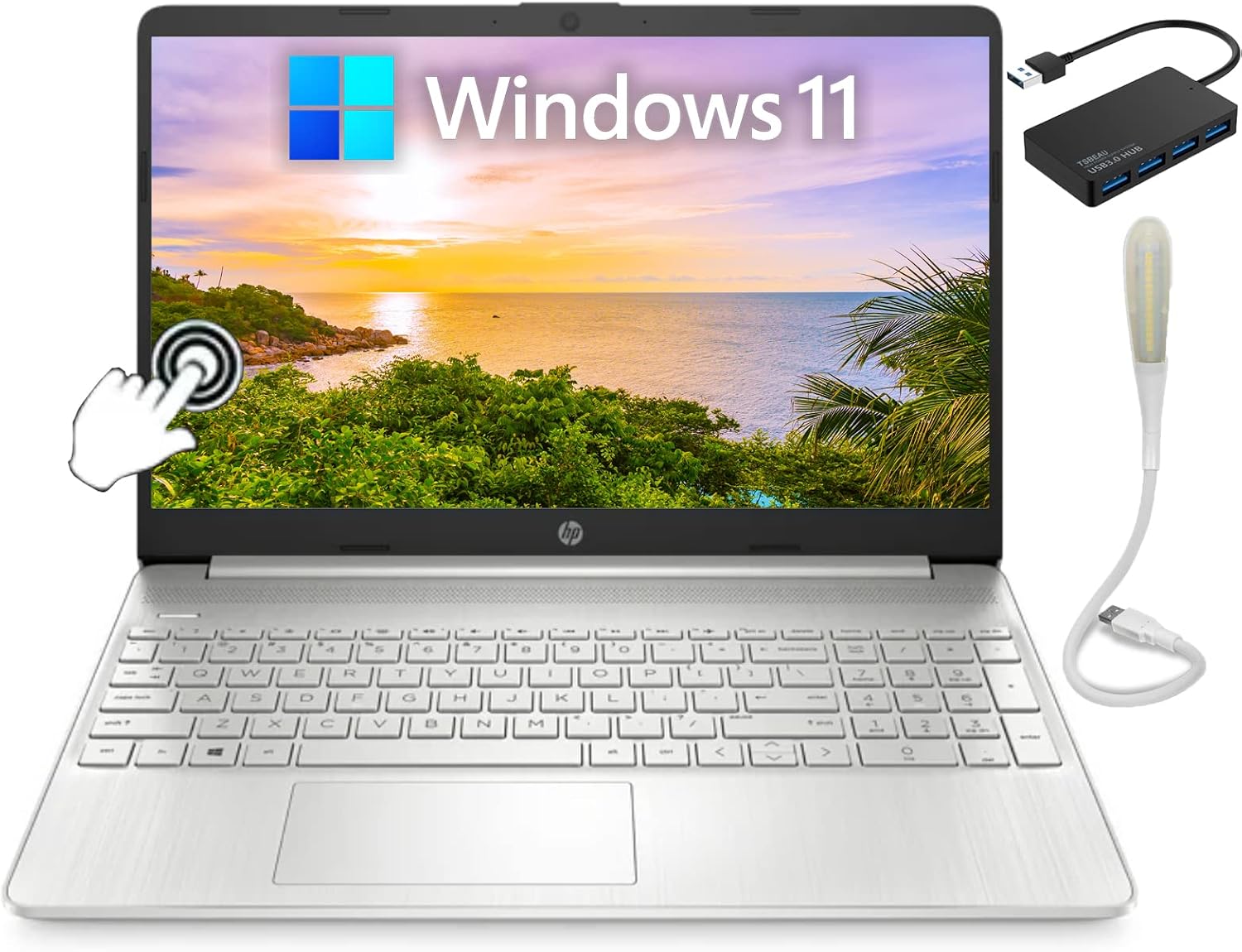 HP 15.6 HD Touchscreen Laptop, AMD 8-Core Ryzen 7 5700U, 12GB DDR4 RAM, 512GB SSD, AMD Radeon Graphics, Wi‑Fi 6, Bluetooth 5.2, Windows 11 Home, Silver, Bundle with USB Hub + USB Light