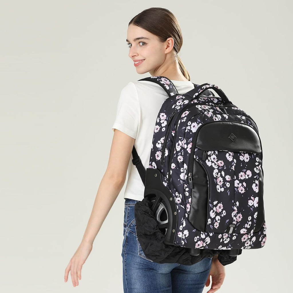 WMHYLYH 22 Inch Rolling Backpack, Waterproof Backpack with Wheels for Business and Travel Commuter, Carry on Laptop Backpack for Women and Men Adult (black-flower)