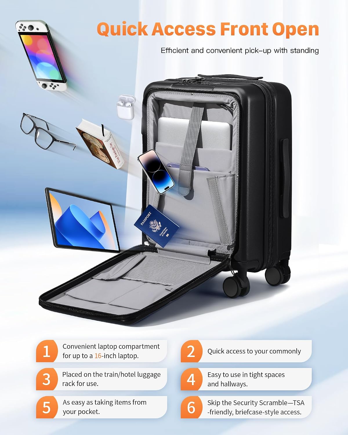 Expandable 20Inch Carry On Luggage Airline Approved - Front Pocket Travel Suitcase 100% PC Unbreakable -with Cup Holder,USB Charge,Side Pothook, 360°Spinner Wheels, TSA Lock-Black