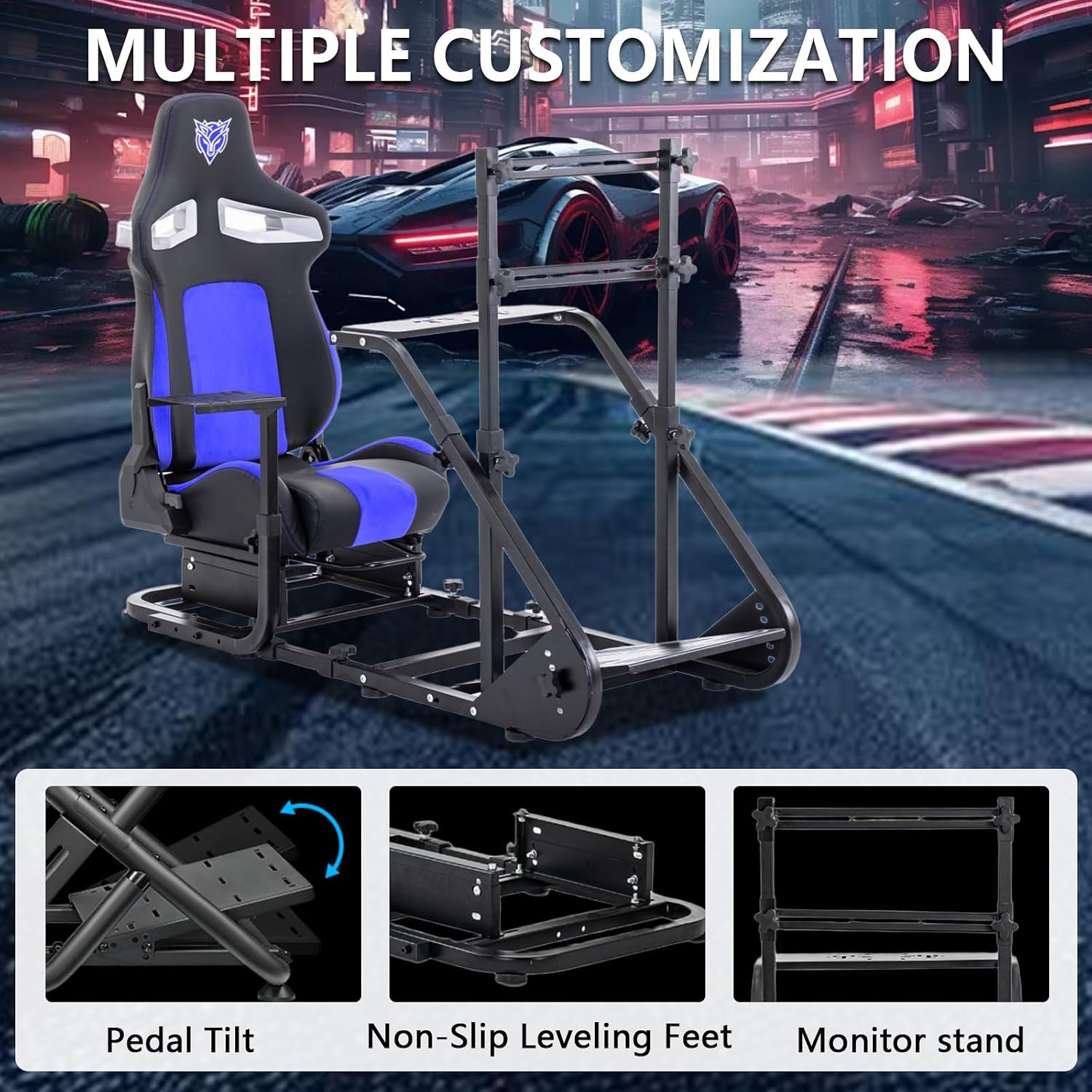 Racing Simulator Cockpit with Monitor Mount and Seat,Sim Racing Cockpit Compatible with Fanatec,PXN,Thrustmaster and Logitech Adjustable Driving Simulators,Excluding Handbrake, Pedals & Monitor (Black+Blue)