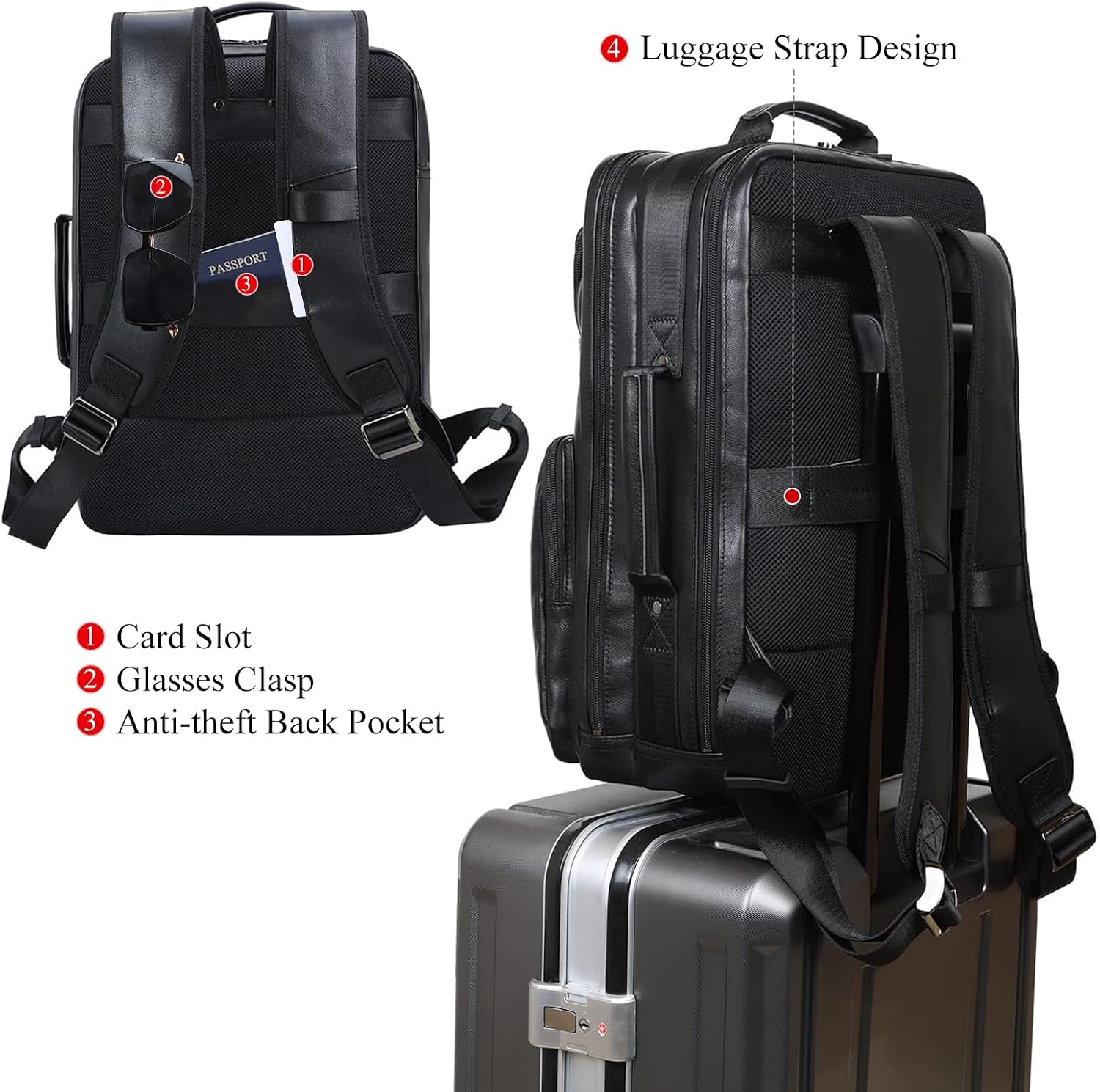 TIDING 17.3' Leather Laptop Backpack for Men Multi Pockets Casual Daypack Business Travel Rucksack, Black