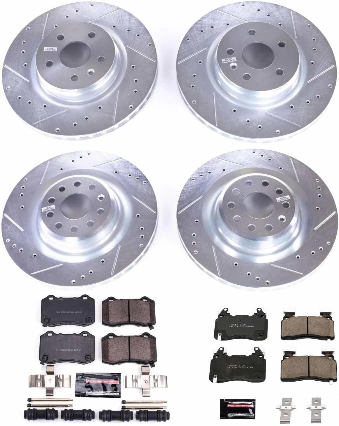 PowerStop Front and Rear Brake Kit for Tesla S 2012-21 | Tesla X 2016-21 - Drilled and Slotted Disc Rotors with Carbon-Fiber Ceramic Brake Pads Replacement, K6797