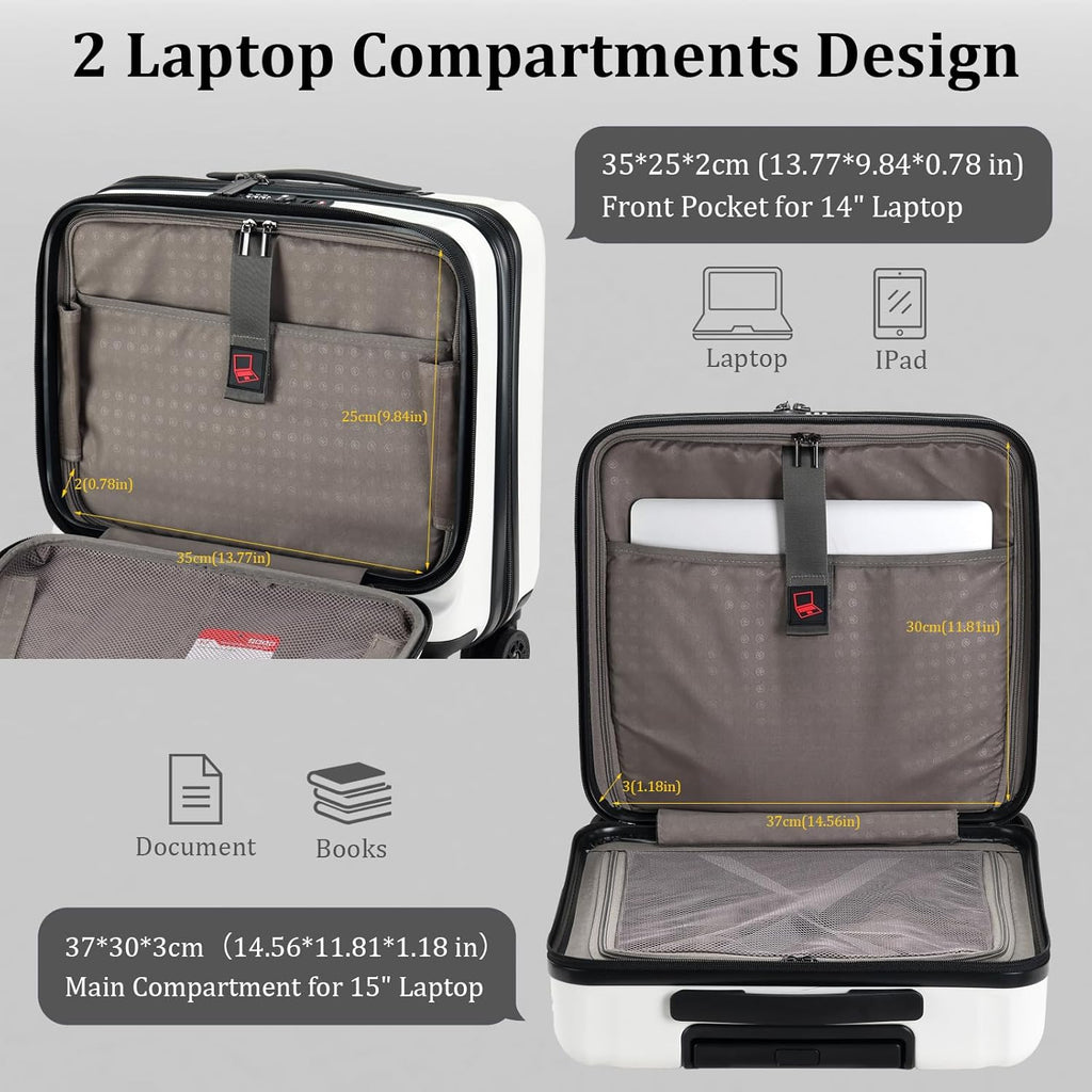 16 Inch Carry On Luggage with 2 Compartments for 14' & 15' Laptop, 16.14*8*17.12' Rolling Briefcase, Lightweight Hardshell ABS+PC Suitcase with Spinner Silent Wheels, for Business Trip, Milky White