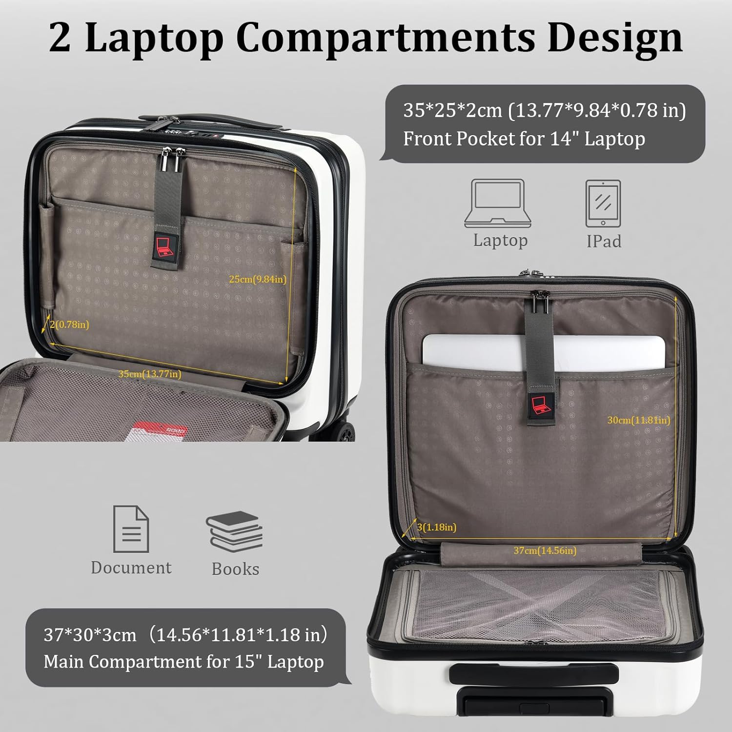 16 Inch Carry On Luggage with 2 Compartments for 14' & 15' Laptop, 16.14*8*17.12' Rolling Briefcase, Lightweight Hardshell ABS+PC Suitcase with Spinner Silent Wheels, for Business Trip, Milky White