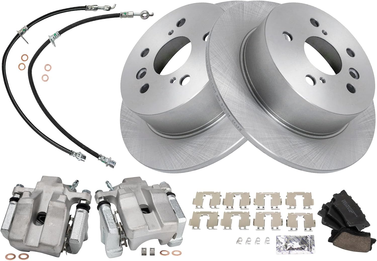 TRQ Rear Brake Pad and Rotor Set Ceramic Rotors Calipers Hoses Compatible with 2007-2012 Lexus ES350 2008-2012 Toyota Avalon 2007-2011 Camry