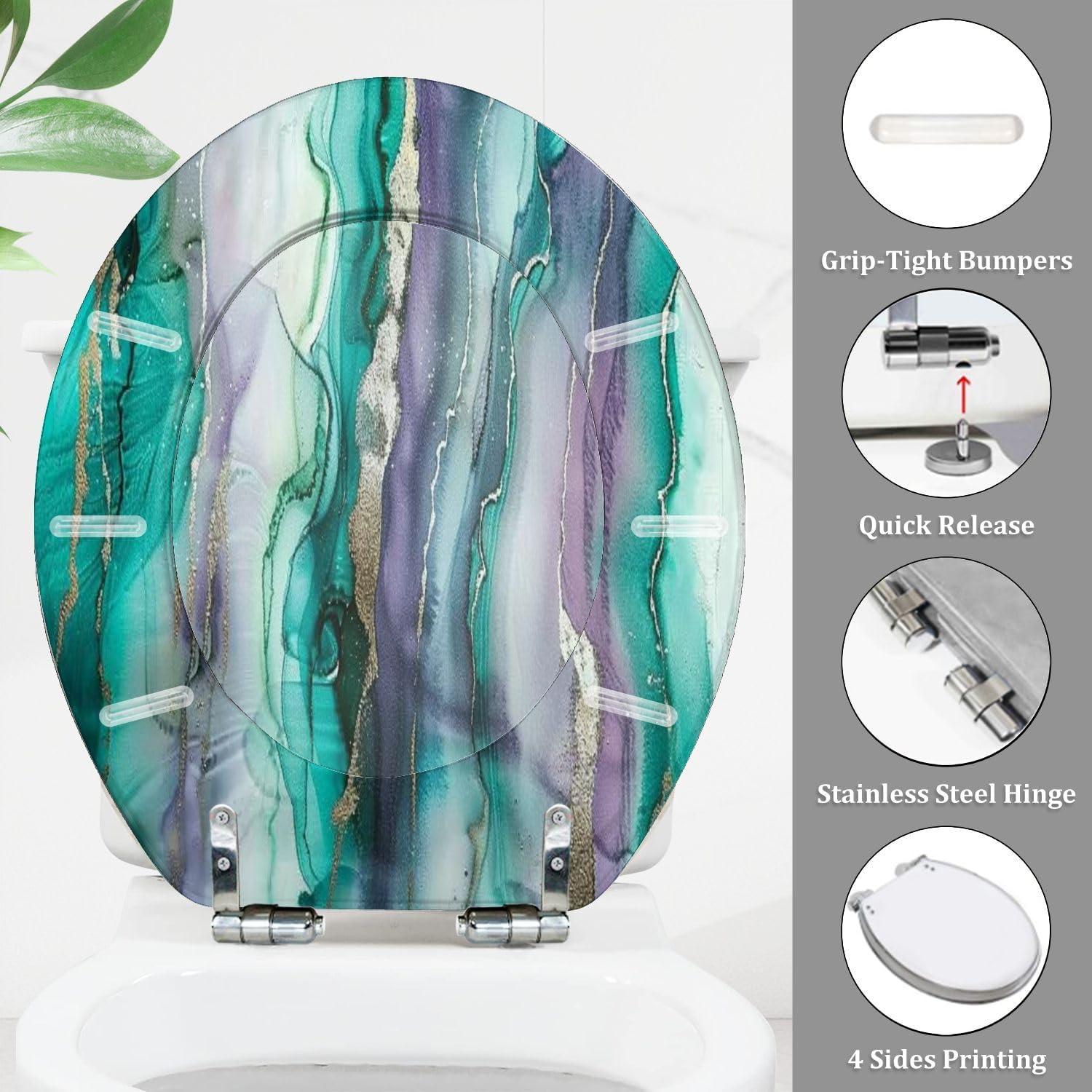 Round Toilet Seat Luxury abstract fluid art technique Transparent vertical layers green Resin Toilet Seat Quietly Close Quick Release Hinges Decorative Toilet Seat with Cover Easy to Install, Style 1
