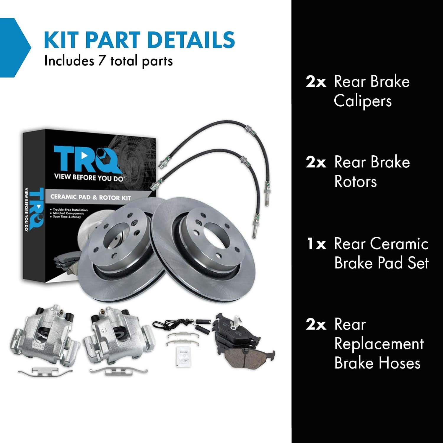 TRQ Rear Brake Pad and Rotor Set Ceramic Rotors Calipers Hoses Compatible with 2000 BMW 323Ci 323i 2001-2003 325Ci 325i