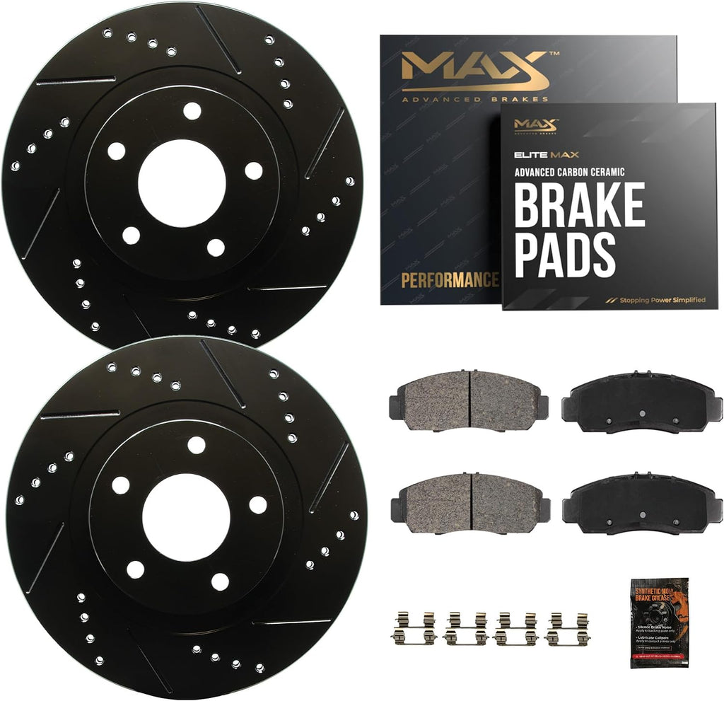 Max Advanced Brakes Front Brake Kit Compatible With 2002-2014 2015 2016 Subaru Impreza Legacy L w/10.91' Front Rotor Replacement Drilled Slotted Black Coated Disc Brake Rotors and Ceramic Brake Pads