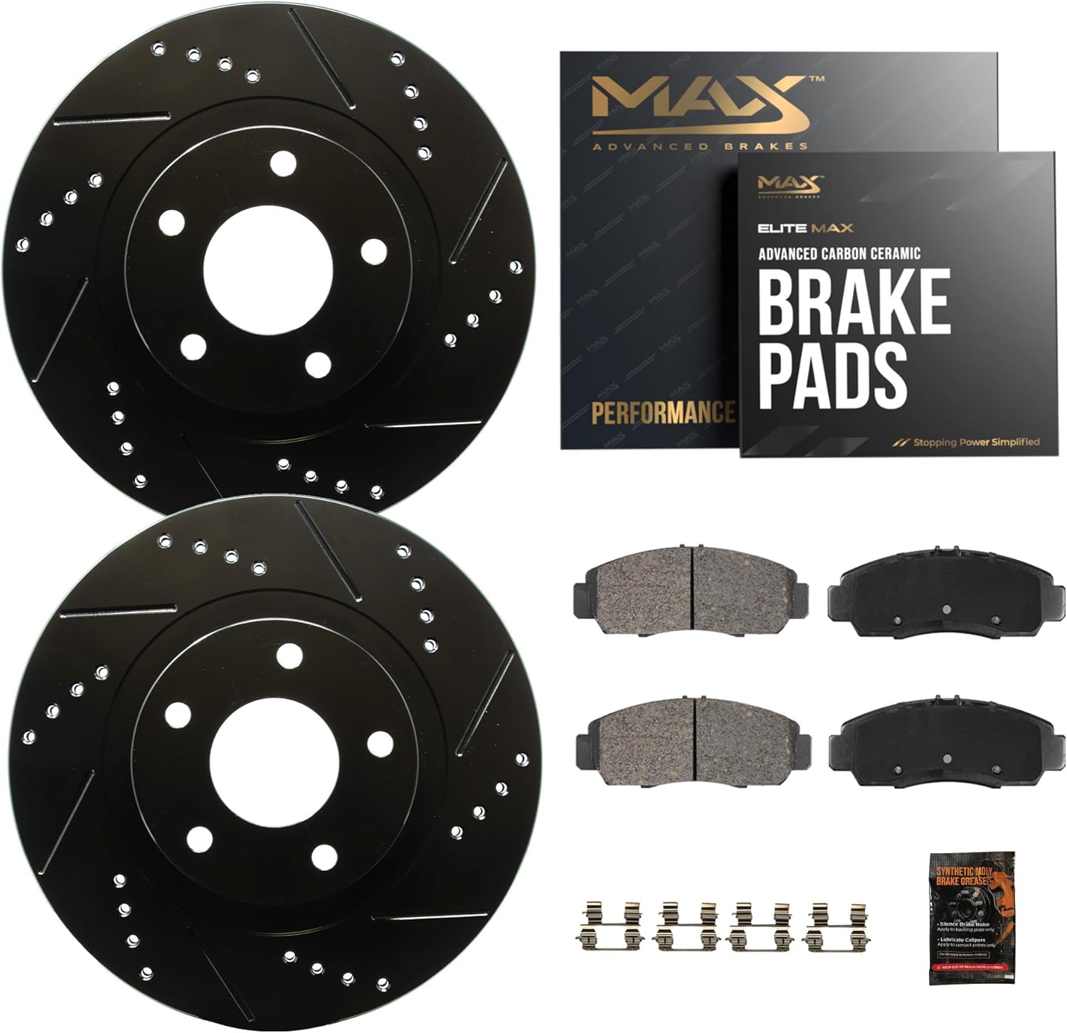 Max Advanced Brakes Front Brake Kit Compatible With 2002-2014 2015 2016 Subaru Impreza Legacy L w/10.91' Front Rotor Replacement Drilled Slotted Black Coated Disc Brake Rotors and Ceramic Brake Pads