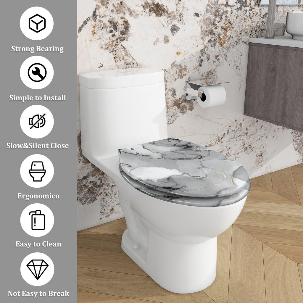 Elongated Toilet Seat Grey Marble Watercolor Stone Silver Alcohol Ink Gold Marble Resin Toilet Seat with Quietly Close Quick Release Hinges Decorative Toilet Seat with Cover Easy to Clean and Install