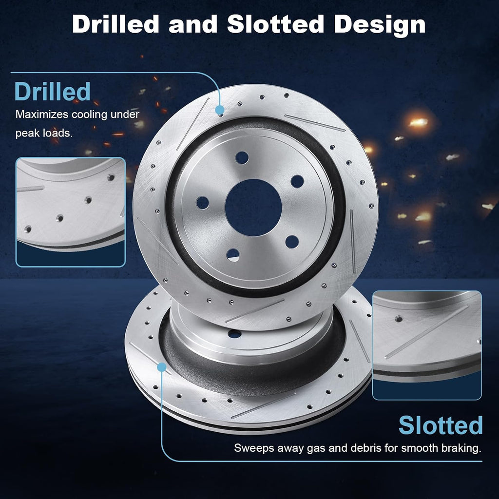 Rear Drilled and Slotted Disc Brake Rotors & Ceramic Brake Pads Kit Fit for Chrysler 2007-2009 Aspen; for Dodge 2004-2009 Durango, 2005-2010 Ram 1500; for Ram 2011-2018 1500#53006 D967