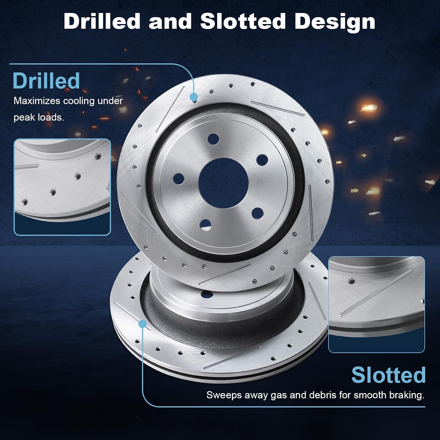 Rear Drilled and Slotted Disc Brake Rotors & Ceramic Brake Pads Kit Fit for Chrysler 2007-2009 Aspen; for Dodge 2004-2009 Durango, 2005-2010 Ram 1500; for Ram 2011-2018 1500#53006 D967