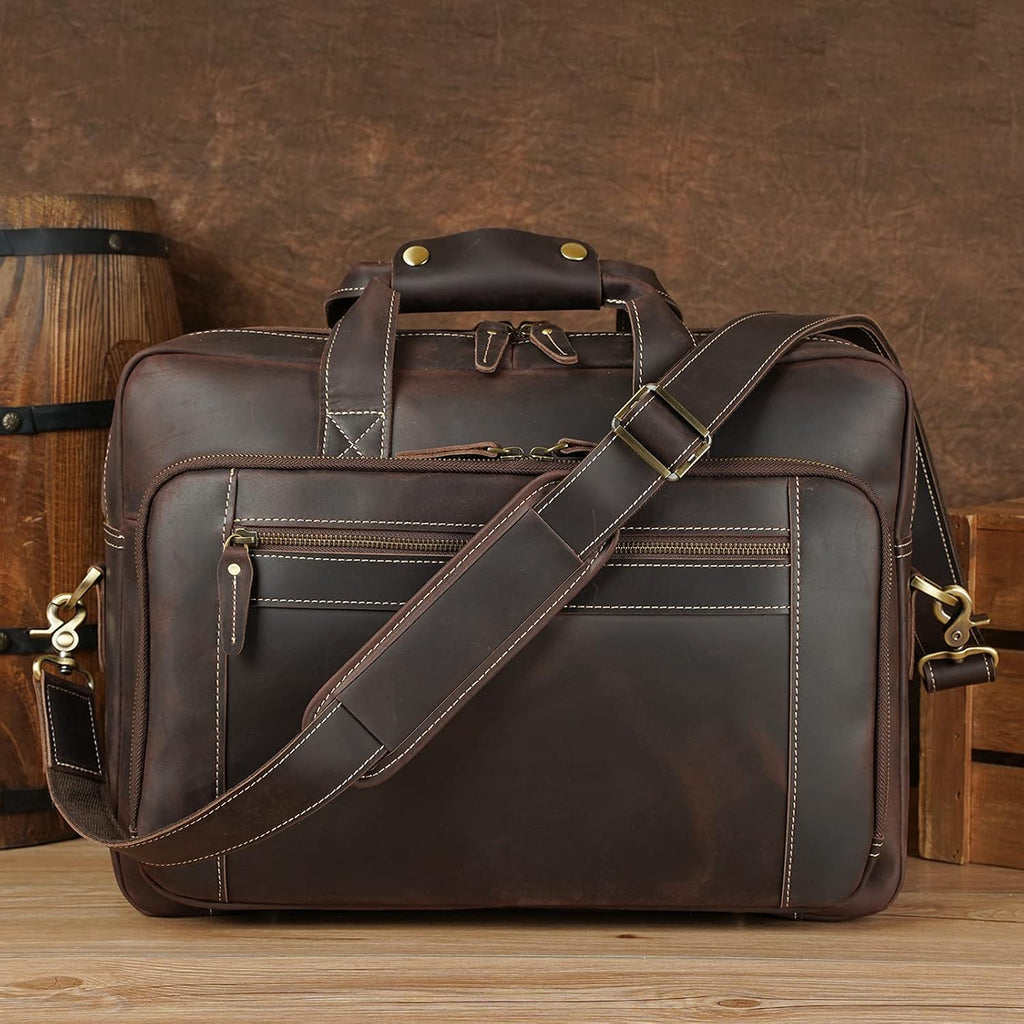 Polare 17' Full Grain Leather Laptop Briefcase Business Travel Laptop Carrying Case Shoulder Bag For Men Fits 17.3' Laptop
